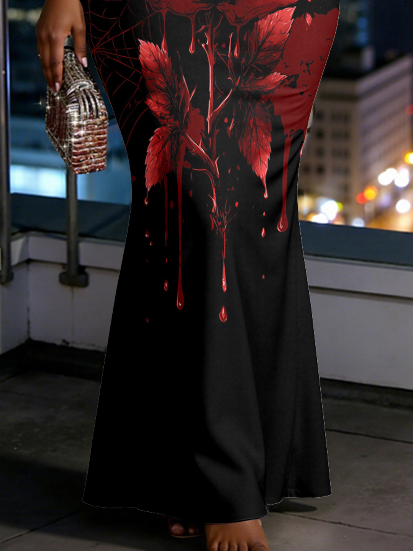 Gothic Blood Rose Spaghetti Strap Mermaid Dress LNP9742
