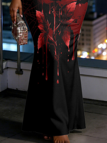 Gothic Blood Rose Spaghetti Strap Mermaid Dress LNP9742