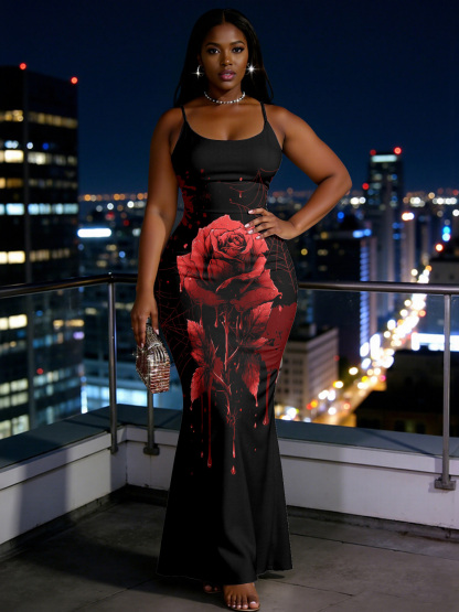 Gothic Blood Rose Spaghetti Strap Mermaid Dress LNP9742