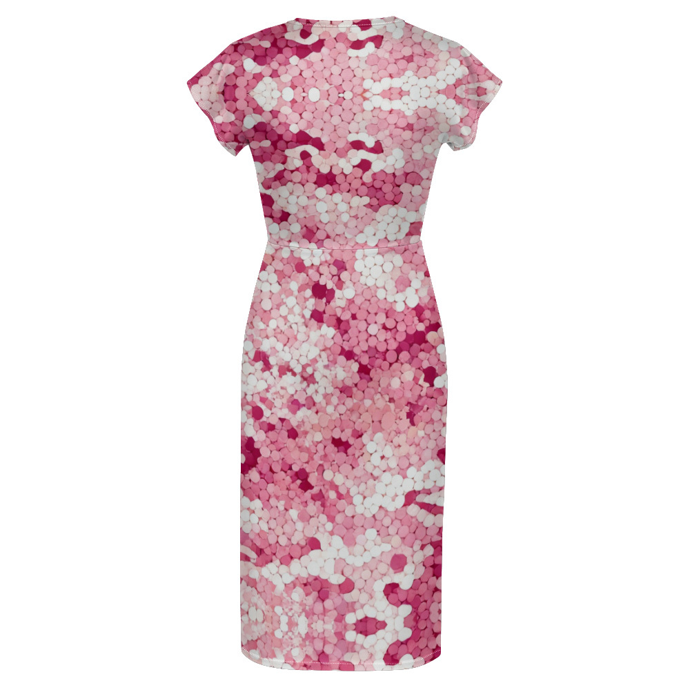 Pink Abstract Cap Sleeve V-Neck Midi Dress FYIE578