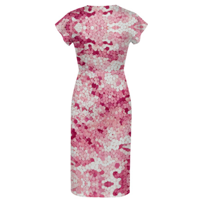 Pink Abstract Cap Sleeve V-Neck Midi Dress FYIE578