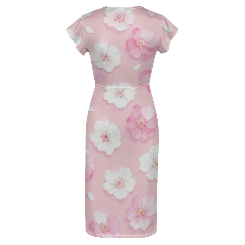 Pink Floral Cap Sleeve V-Neck Midi Dress HMQX364