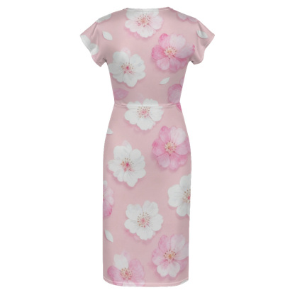 Pink Floral Cap Sleeve V-Neck Midi Dress HMQX364