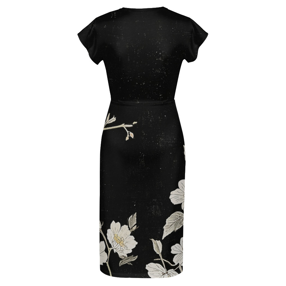 Black Floral Cap Sleeve V-Neck Midi Dress CEGK826