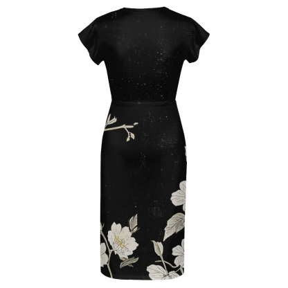 Black Floral Cap Sleeve V-Neck Midi Dress CEGK826