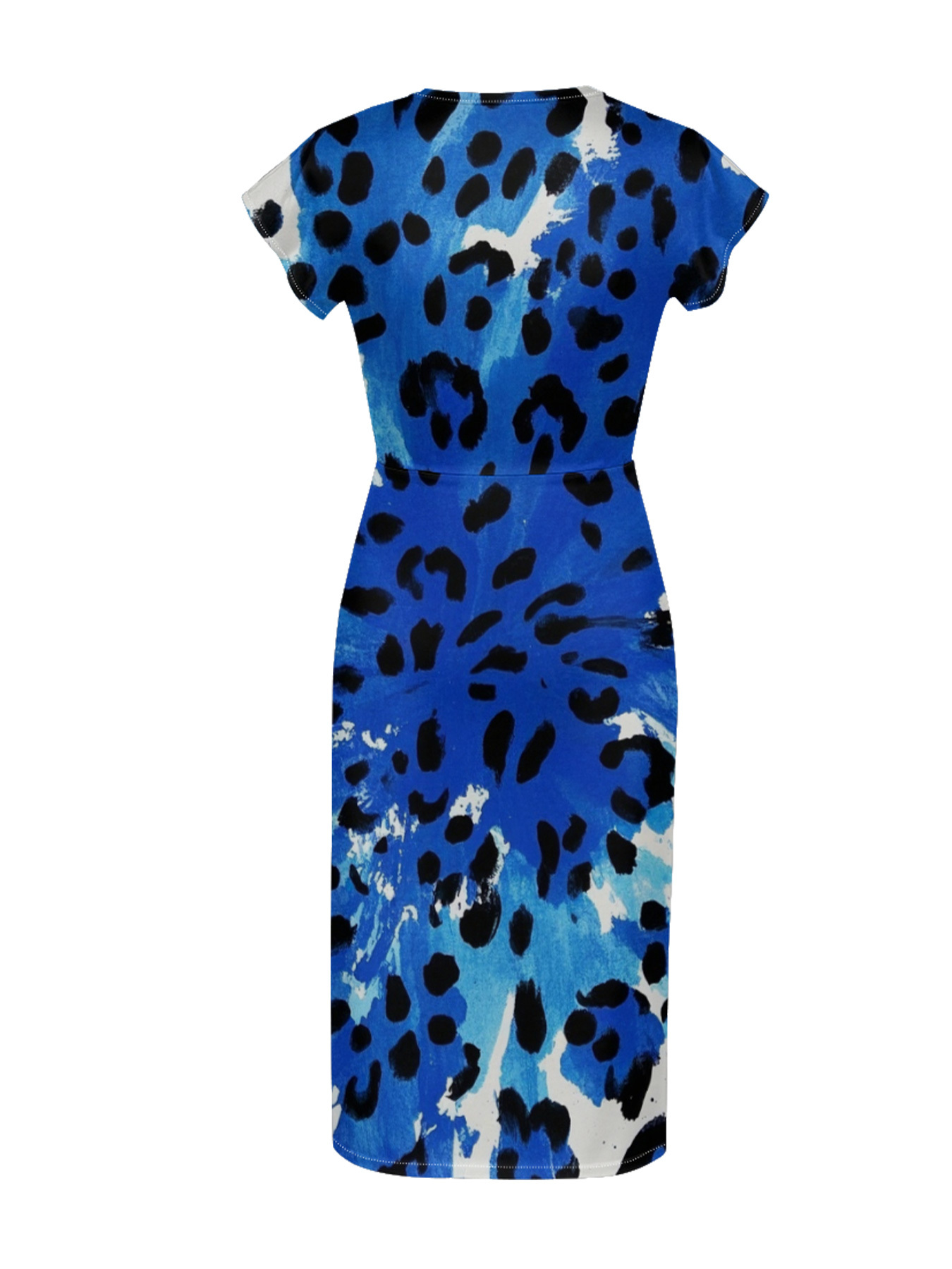 Blue Leopard Wrap Cap Sleeve V-Neck Midi Dress MPSV479