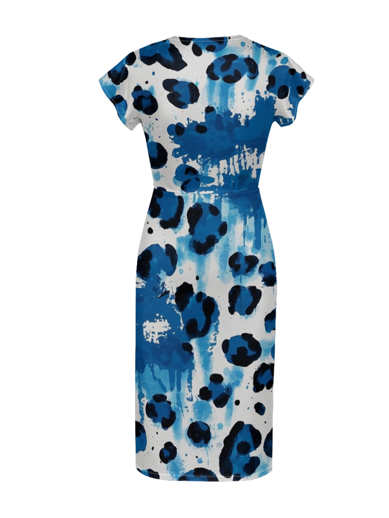 Blue & White Watercolor Cap Sleeve V-Neck Midi Dress MPH879
