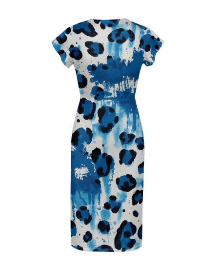 Blue & White Watercolor Cap Sleeve V-Neck Midi Dress MPH879