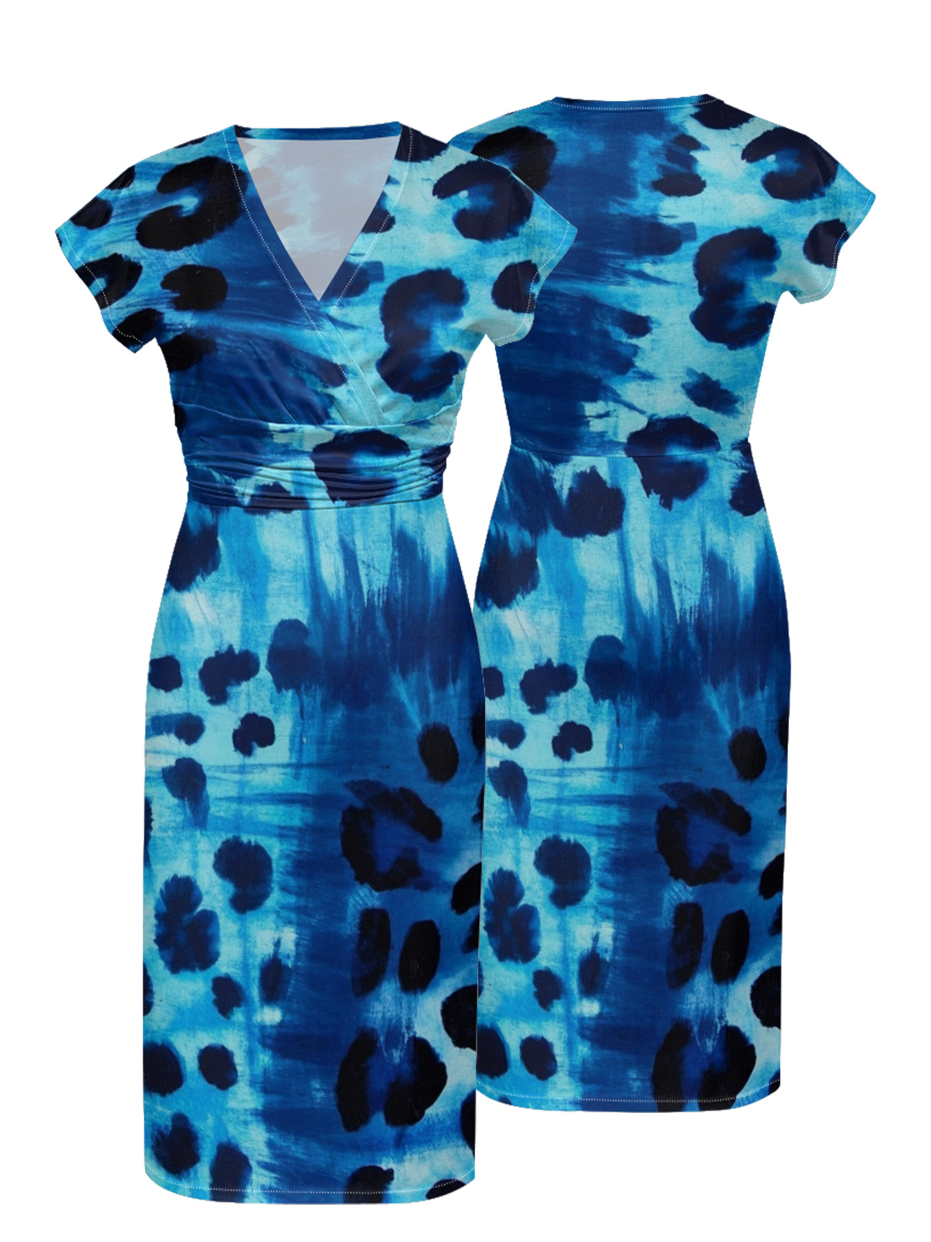 Blue Tie-Dye Cap Sleeve V-Neck Midi Dress IUJH31132