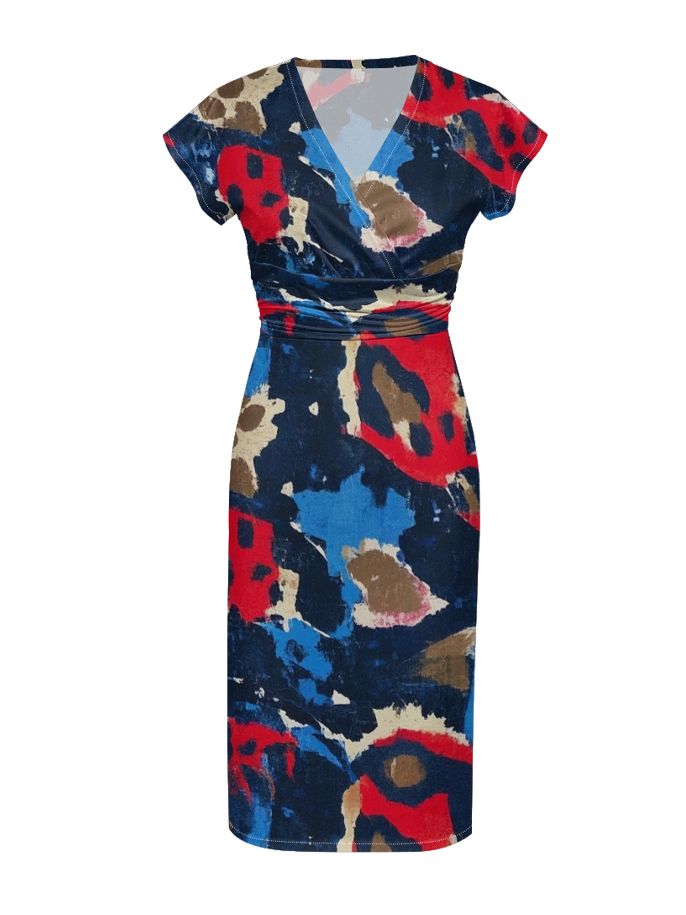 Multicolor Abstract Cap Sleeve V-Neck Midi Dress IUJH3893