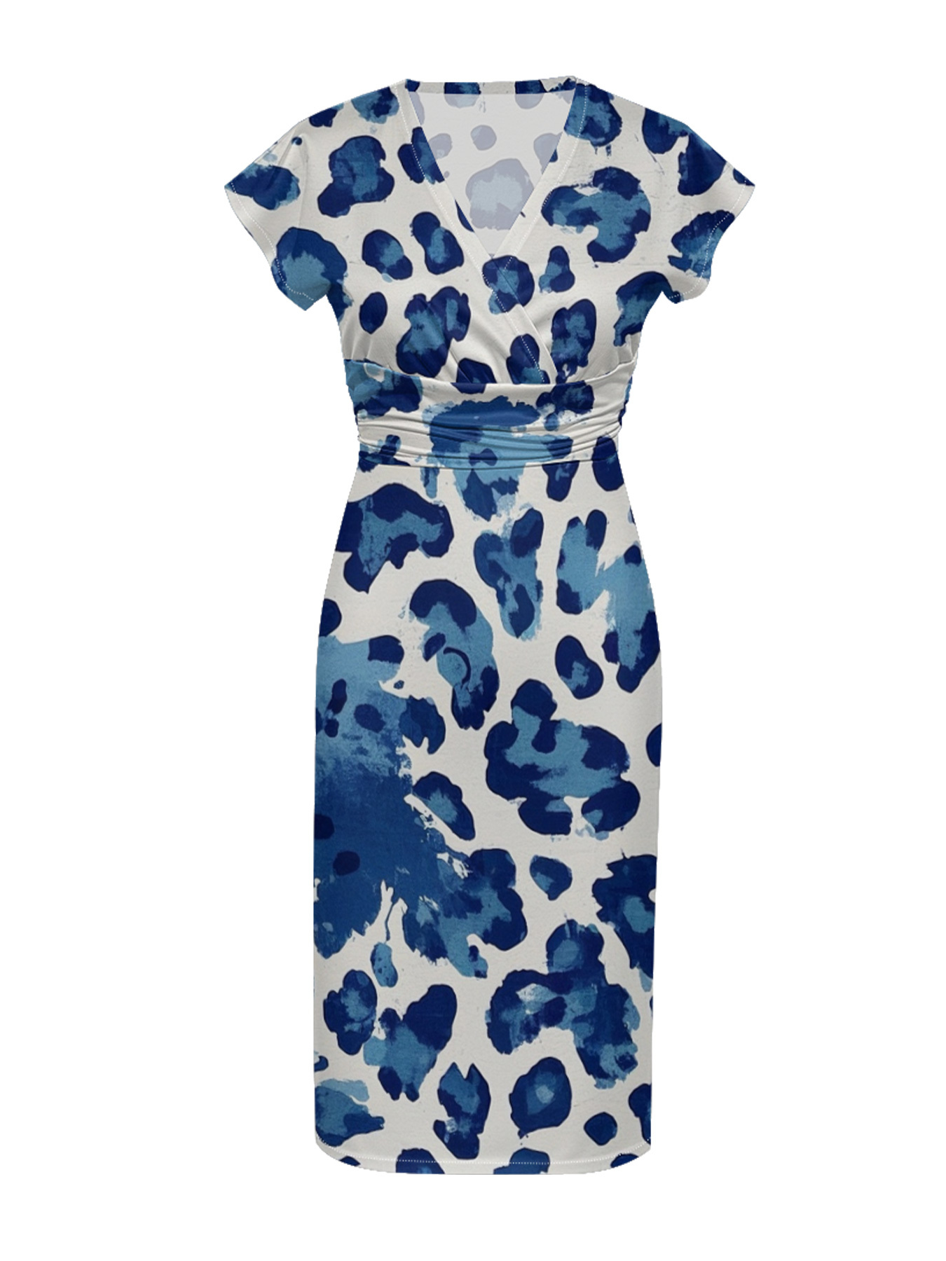 Blue & White Watercolor Cap Sleeve V-Neck Midi Dress IUJH8931
