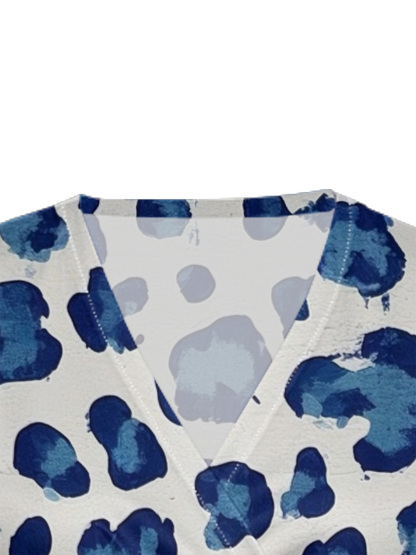 Blue & White Watercolor Cap Sleeve V-Neck Midi Dress IUJH8931
