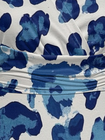 Blue & White Watercolor Cap Sleeve V-Neck Midi Dress IUJH8931