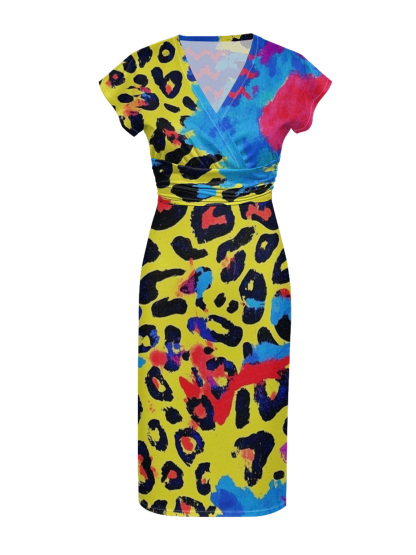 Neon Multicolor Cap Sleeve V-Neck Midi Dress IUJH8922