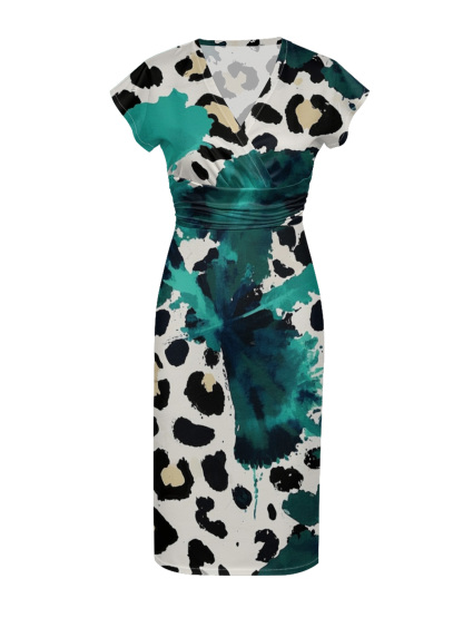 Teal & White Watercolor Cap Sleeve V-Neck Midi Dress IUYU678