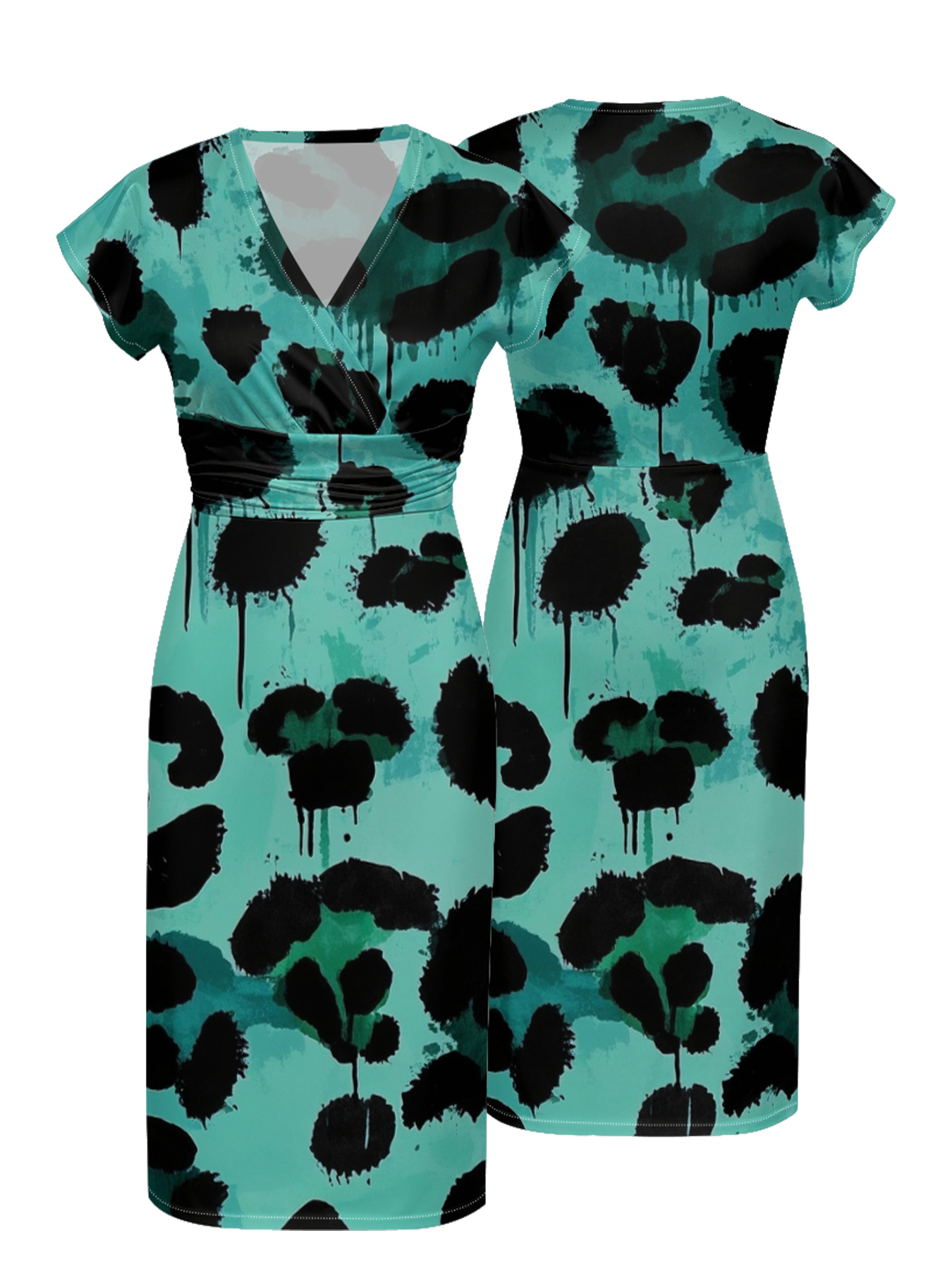 Mint & Black Abstract Ink Wrap Cap Sleeve V-Neck Midi Dress IUYU811