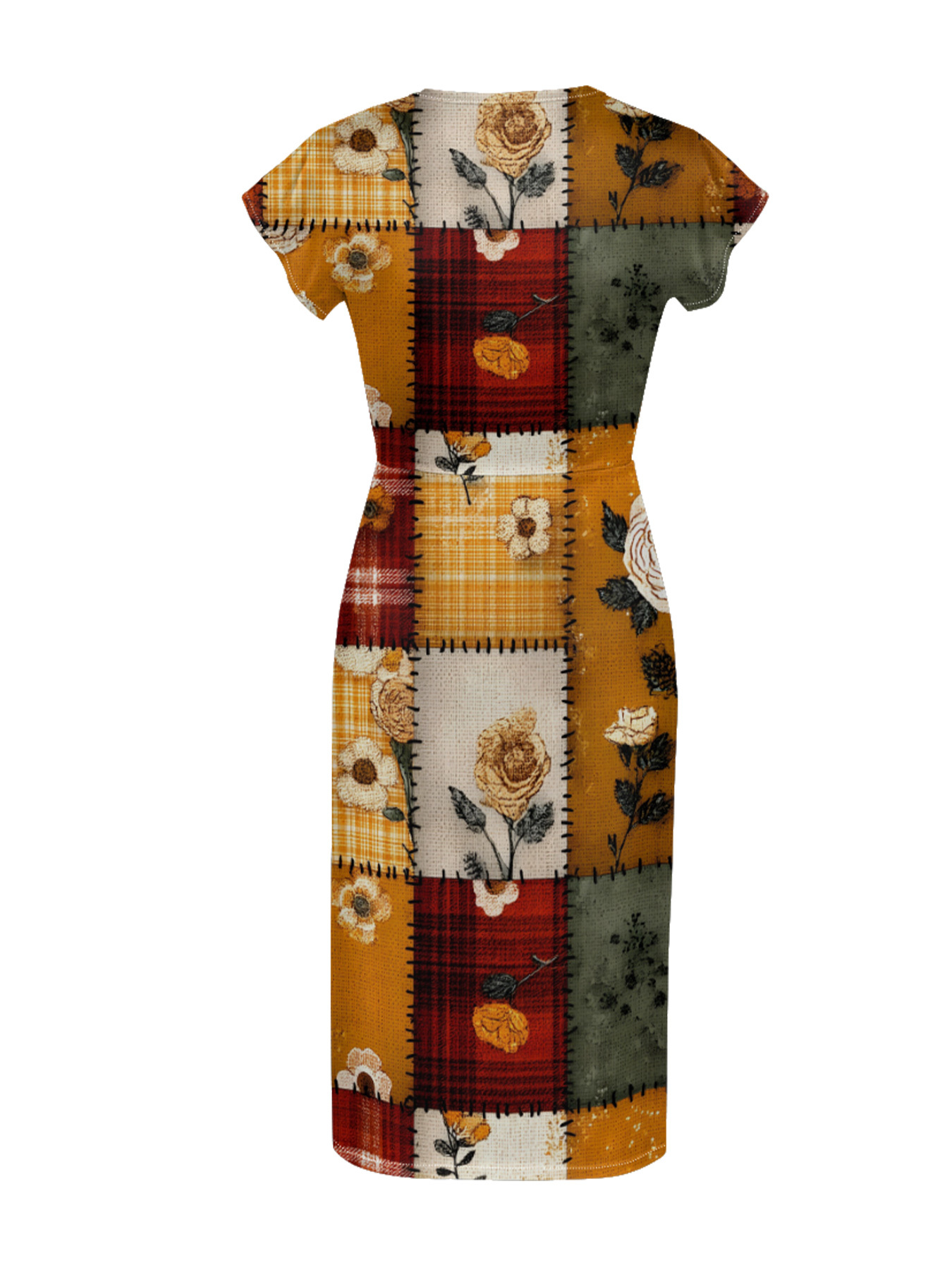 Autumn Floral Patchwork Cap Sleeve V-Neck Midi Dress IUOP080