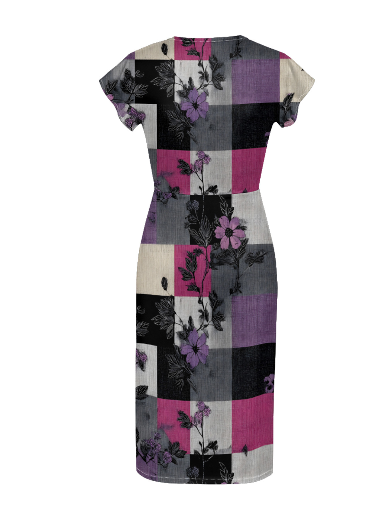 Pink & Purple Floral Plaid Patchwork Cap Sleeve V-Neck Midi Dress IUOP061