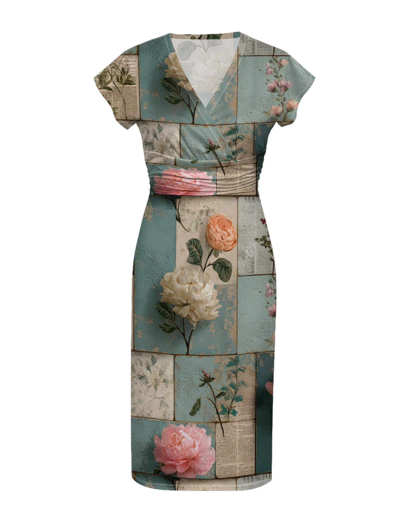 Vintage Blue Floral Newspaper Cap Sleeve V-Neck Midi Dress IUOP081