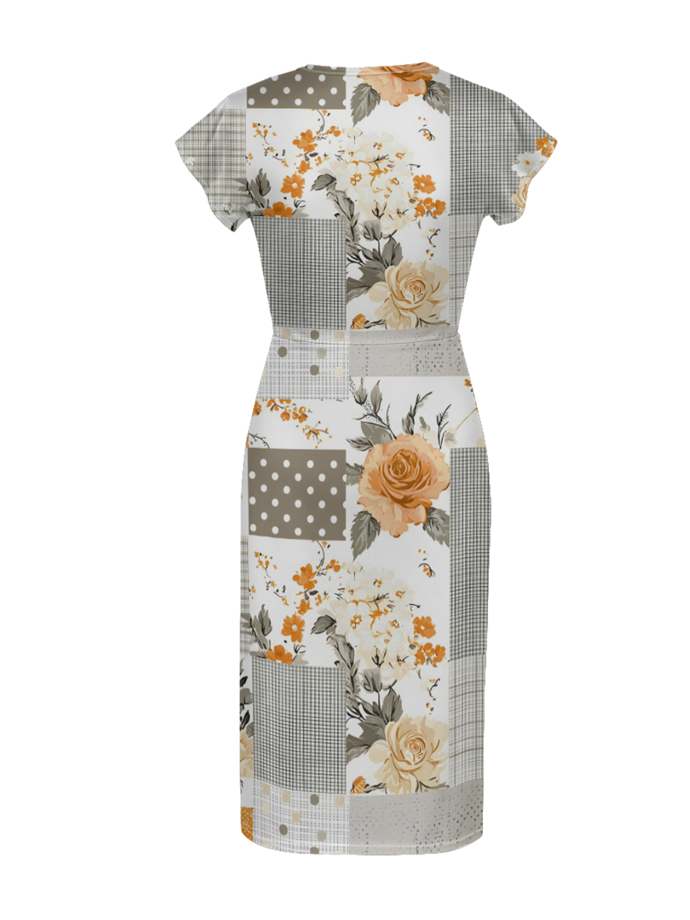 Vintage Patchwork Floral & Plaid Cap Sleeve V-Neck Midi Dress IUOP082
