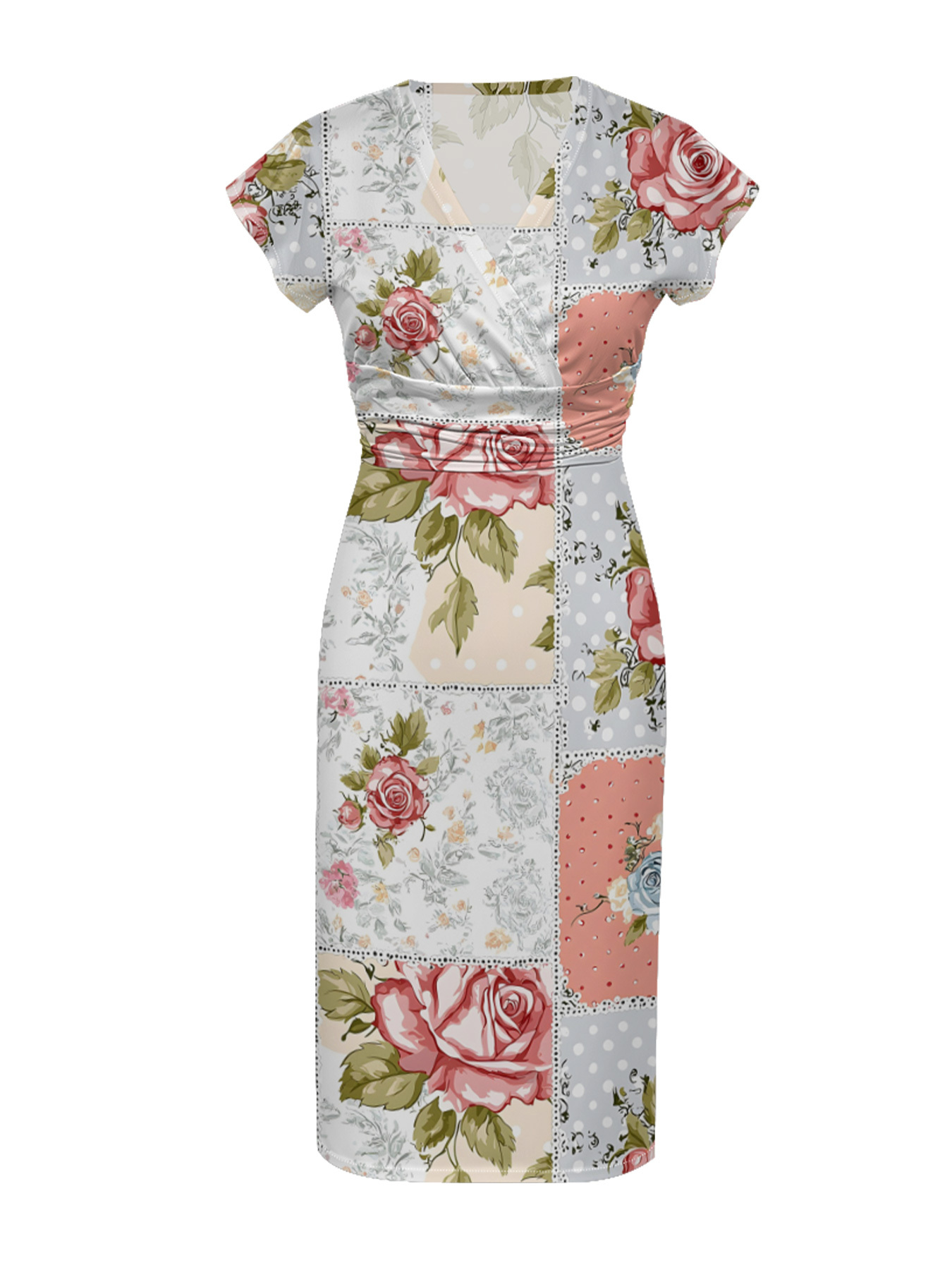Romantic Rose Patchwork Wrap Cap Sleeve V-Neck Midi Dress IUO6821