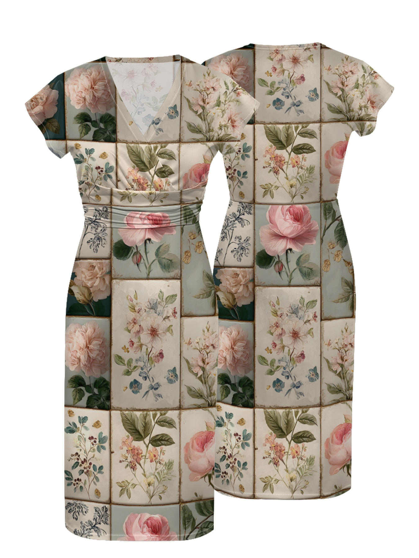 Vintage Botanical Tile Rose Cap Sleeve V-Neck Midi Dress IUO6823