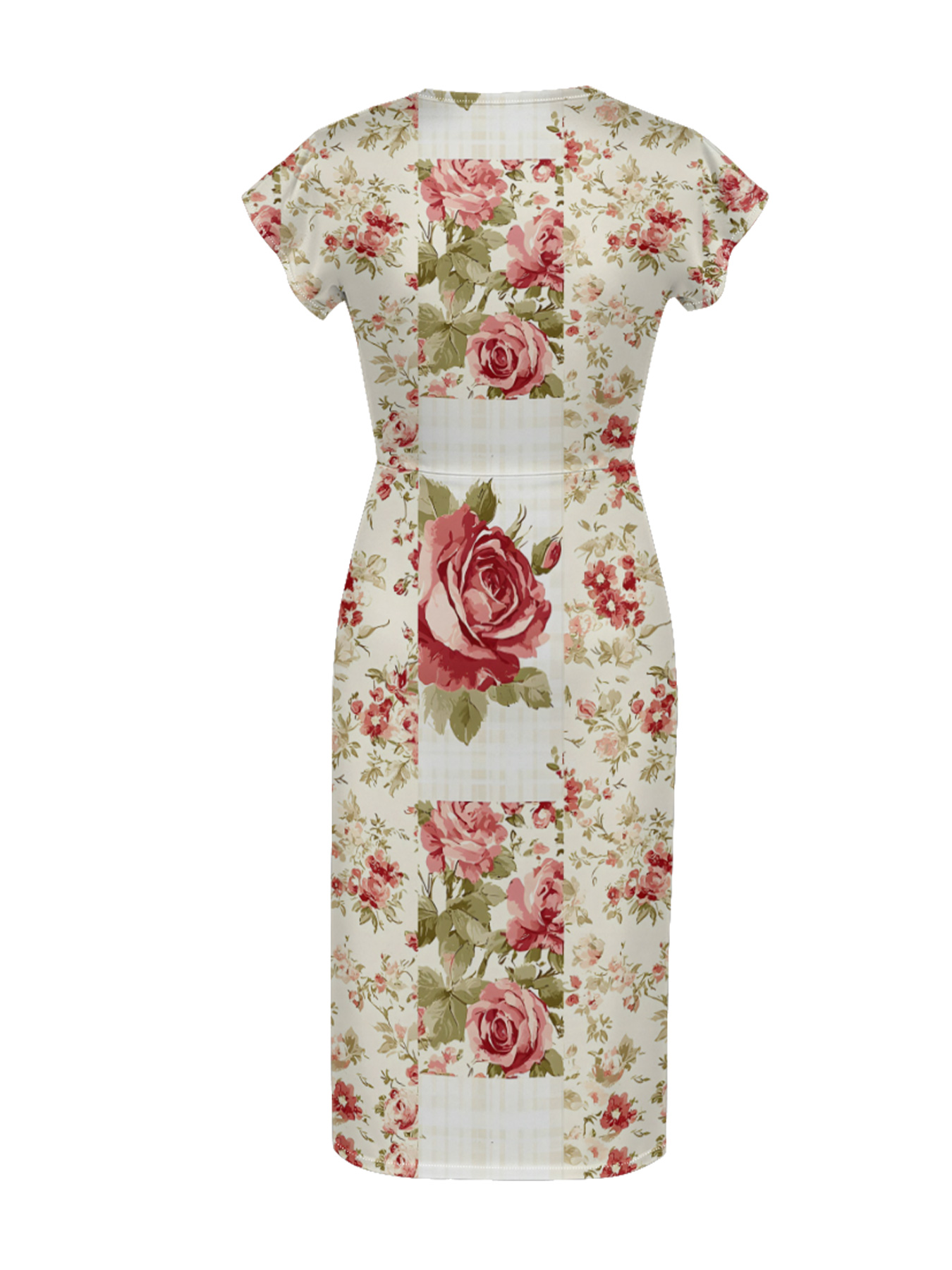 Vintage Rose Patchwork Cap Sleeve V-Neck Midi Dress IUO6821