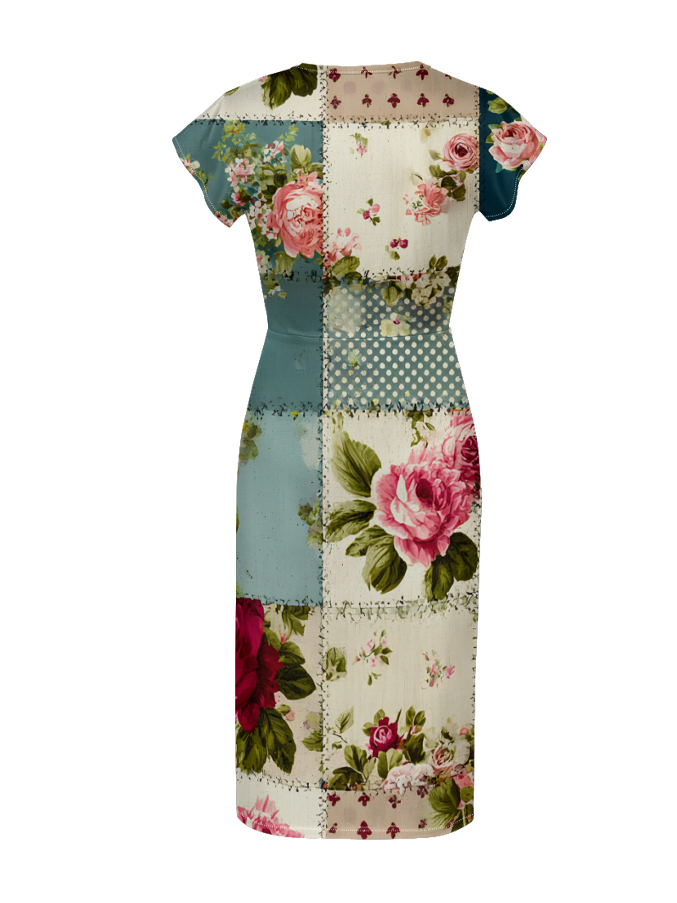 Vintage Teal & Pink Rose Patchwork Cap Sleeve V-Neck Midi Dress IUO0181