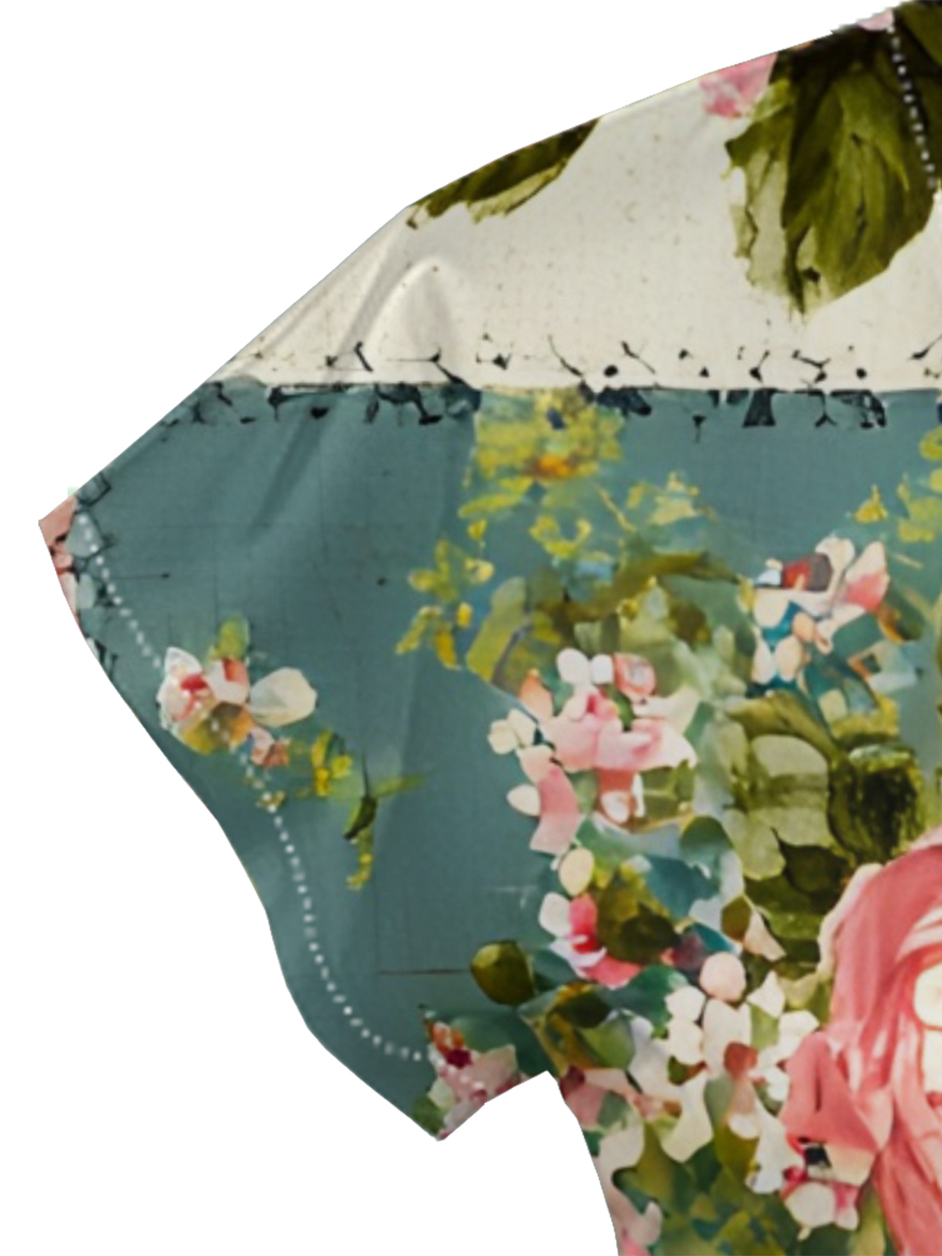 Vintage Teal & Pink Rose Patchwork Cap Sleeve V-Neck Midi Dress IUO0181