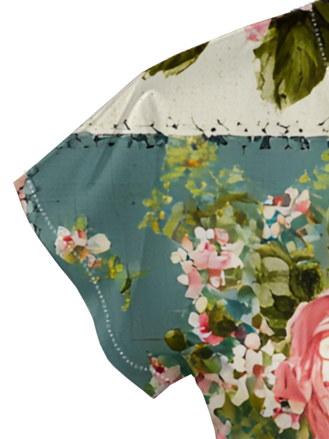 Vintage Teal & Pink Rose Patchwork Cap Sleeve V-Neck Midi Dress IUO0181