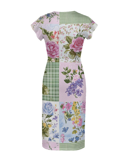 Pastel Floral & Gingham Patchwork Cap Sleeve V-Neck Midi Dress IUO0112