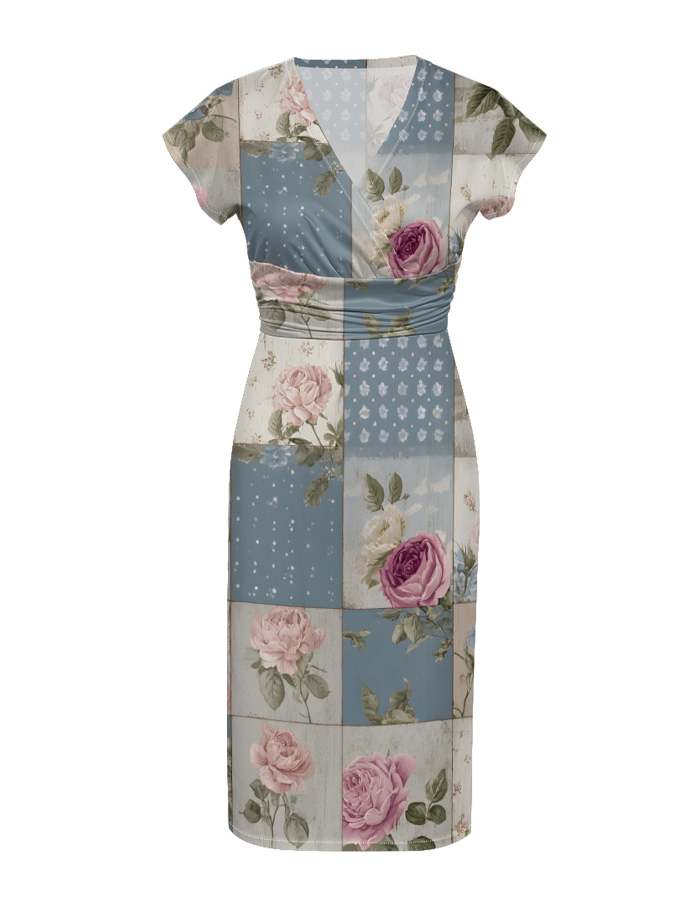 Vintage Dusty Blue Rose Patchwork Cap Sleeve V-Neck Midi Dress IUO0113