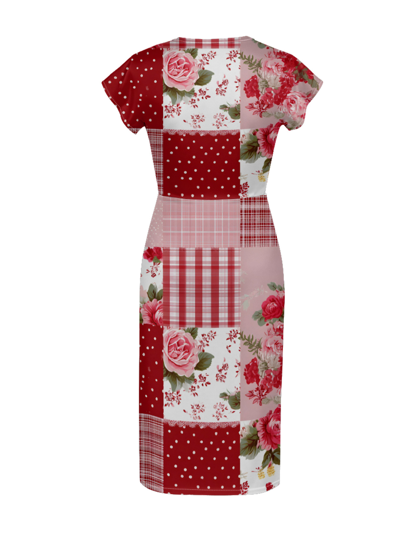 Red & Pink Rose Patchwork Cap Sleeve V-Neck Midi Dress IUO0121