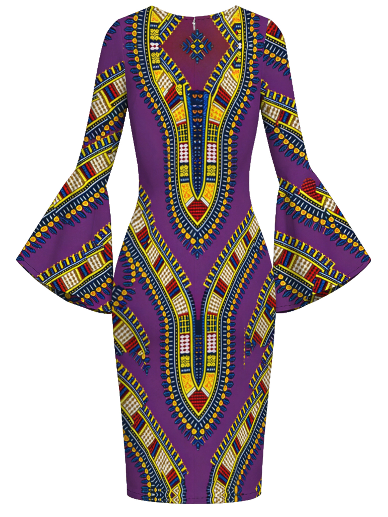 Purple Dashiki Print Bell Flare Sleeve Bodycon Midi Dress
