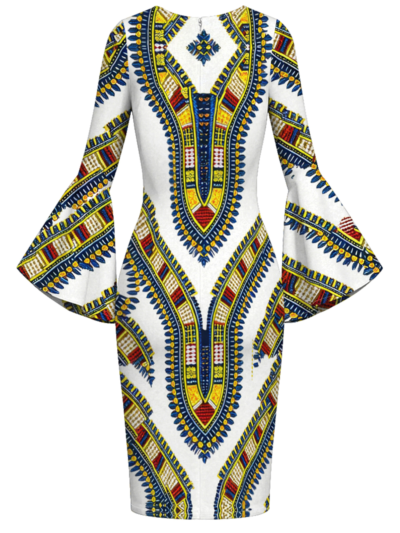 White Dashiki Print Bell Flare Sleeve Bodycon Midi Dress