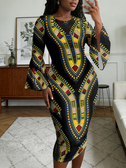 Black Dashiki Flare Sleeve Bodycon Midi Dress