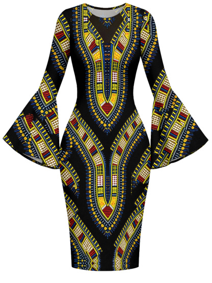 Black Dashiki Flare Sleeve Bodycon Midi Dress