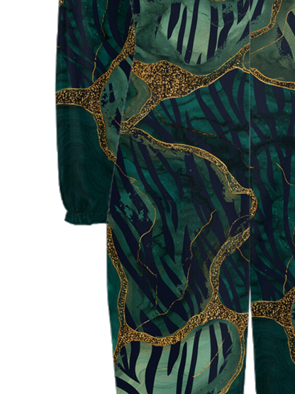 Emerald Green & Gold Marble Off-Shoulder Jumpsuit