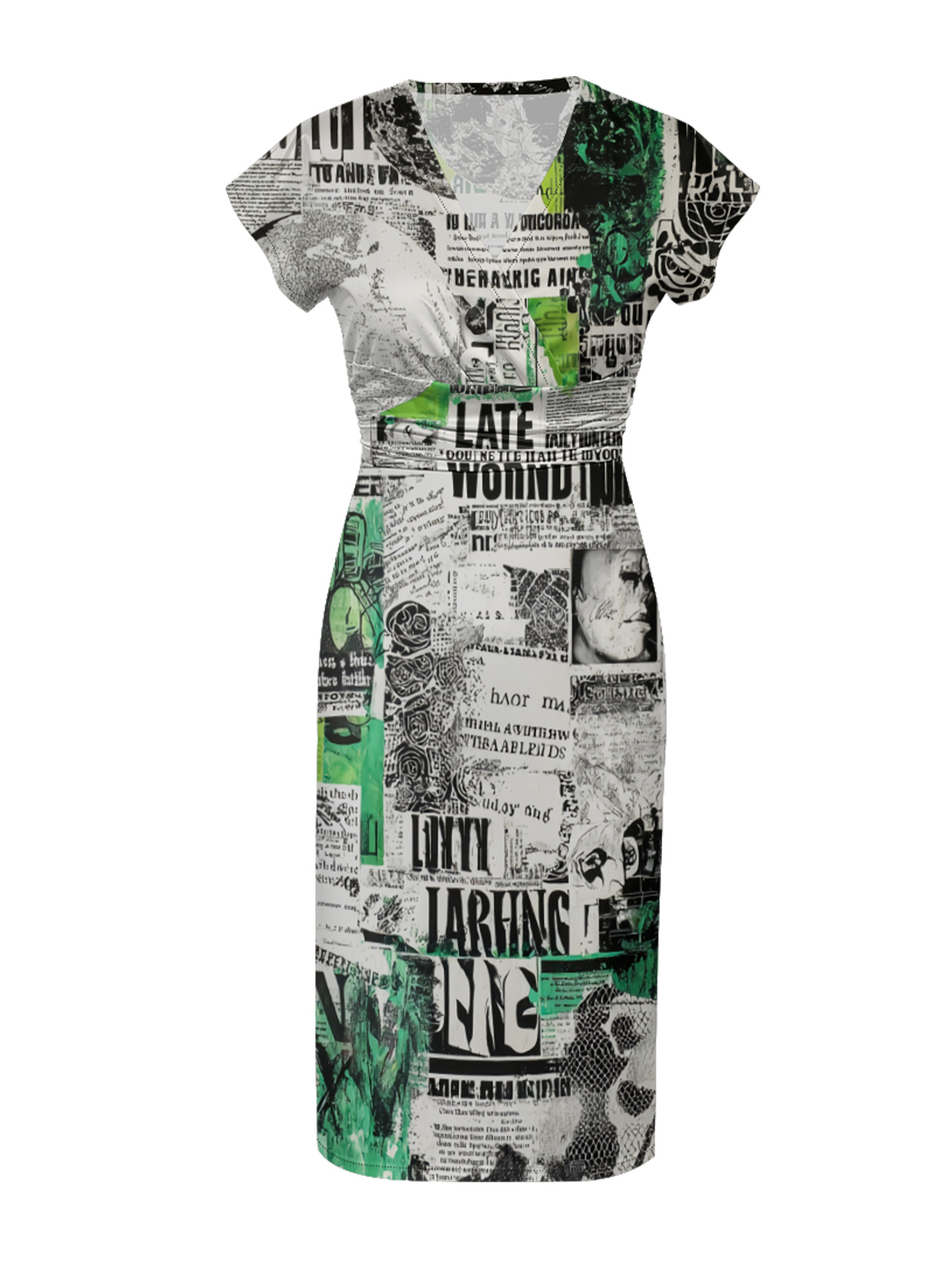 Green Newspaper Cap Sleeve V-Neck Midi Dress