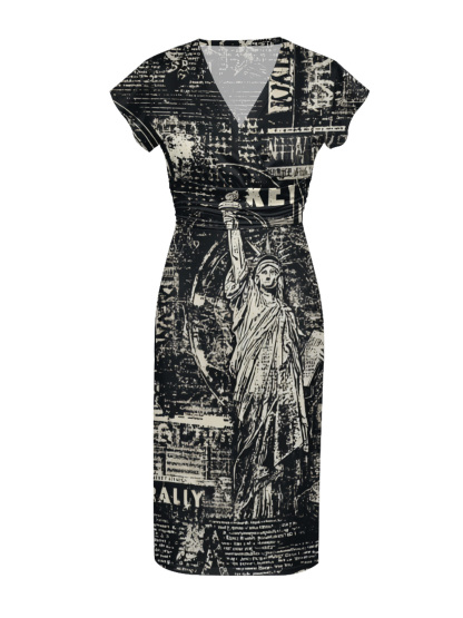 Statue of Liberty Newspaper Cap Sleeve V-Neck Midi Dress