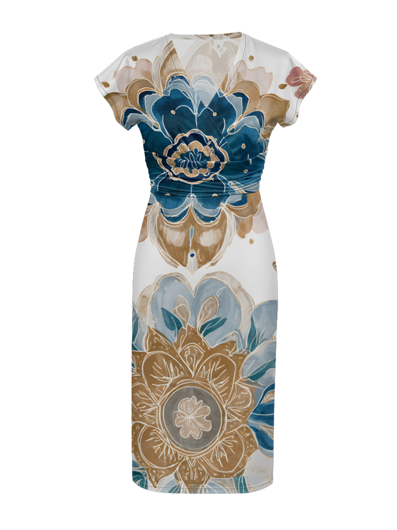 Blue & Gold Floral Cap Sleeve V-Neck Midi Dress OIJUY8678