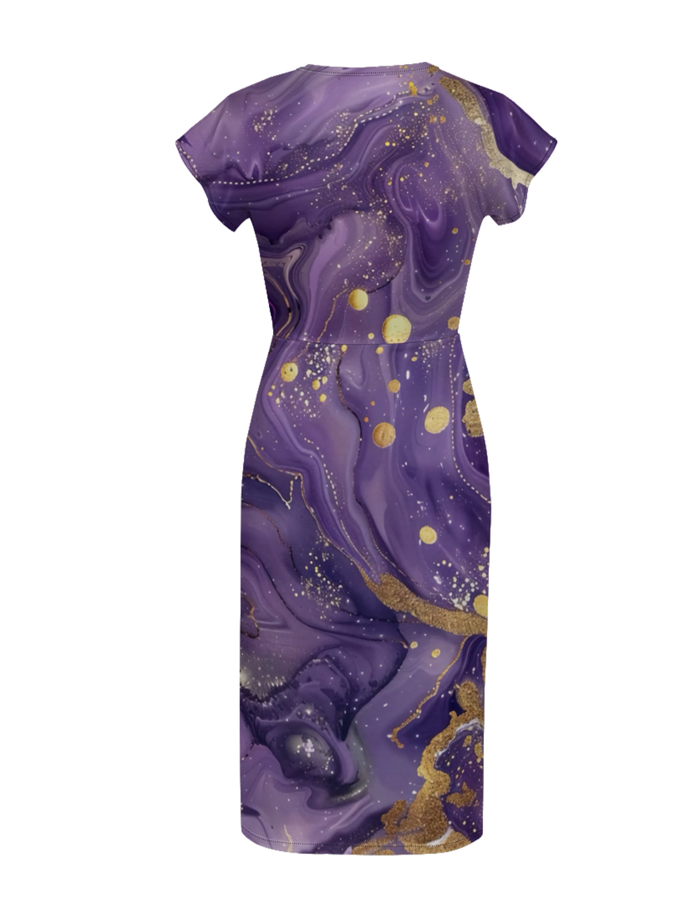 Purple & Gold Marble Cap Sleeve V-Neck Midi Dress OIJUY86907