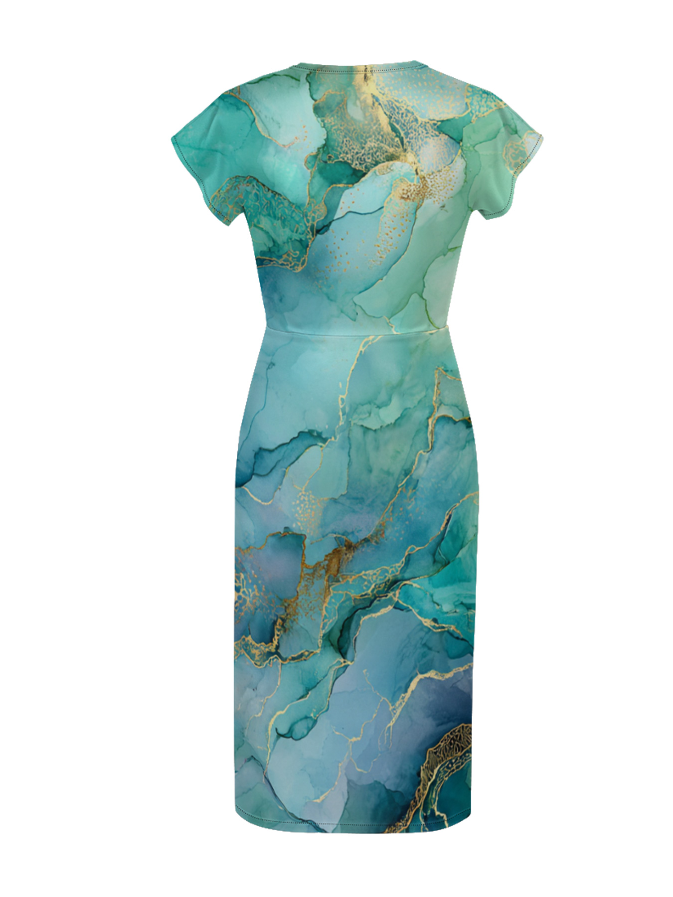 Teal & Gold Marble Cap Sleeve V-Neck Midi Dress OIJUY8624