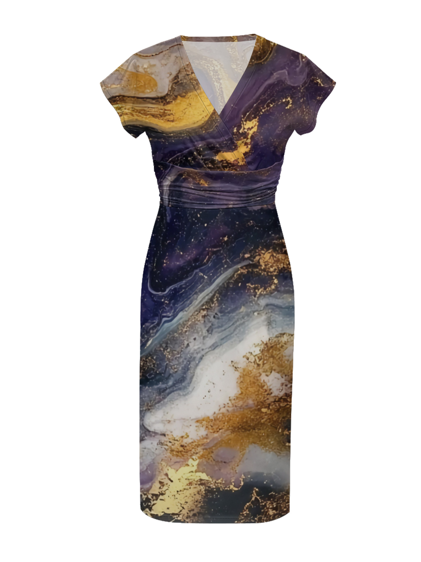 Purple & Gold Galaxy Marble Cap Sleeve V-Neck Midi Dress