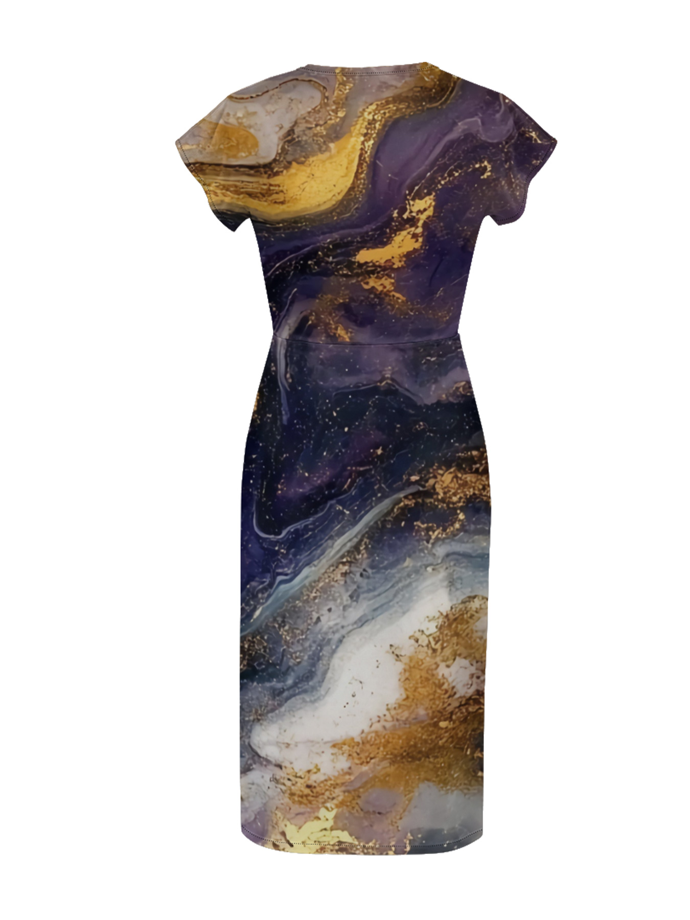 Purple & Gold Galaxy Marble Cap Sleeve V-Neck Midi Dress