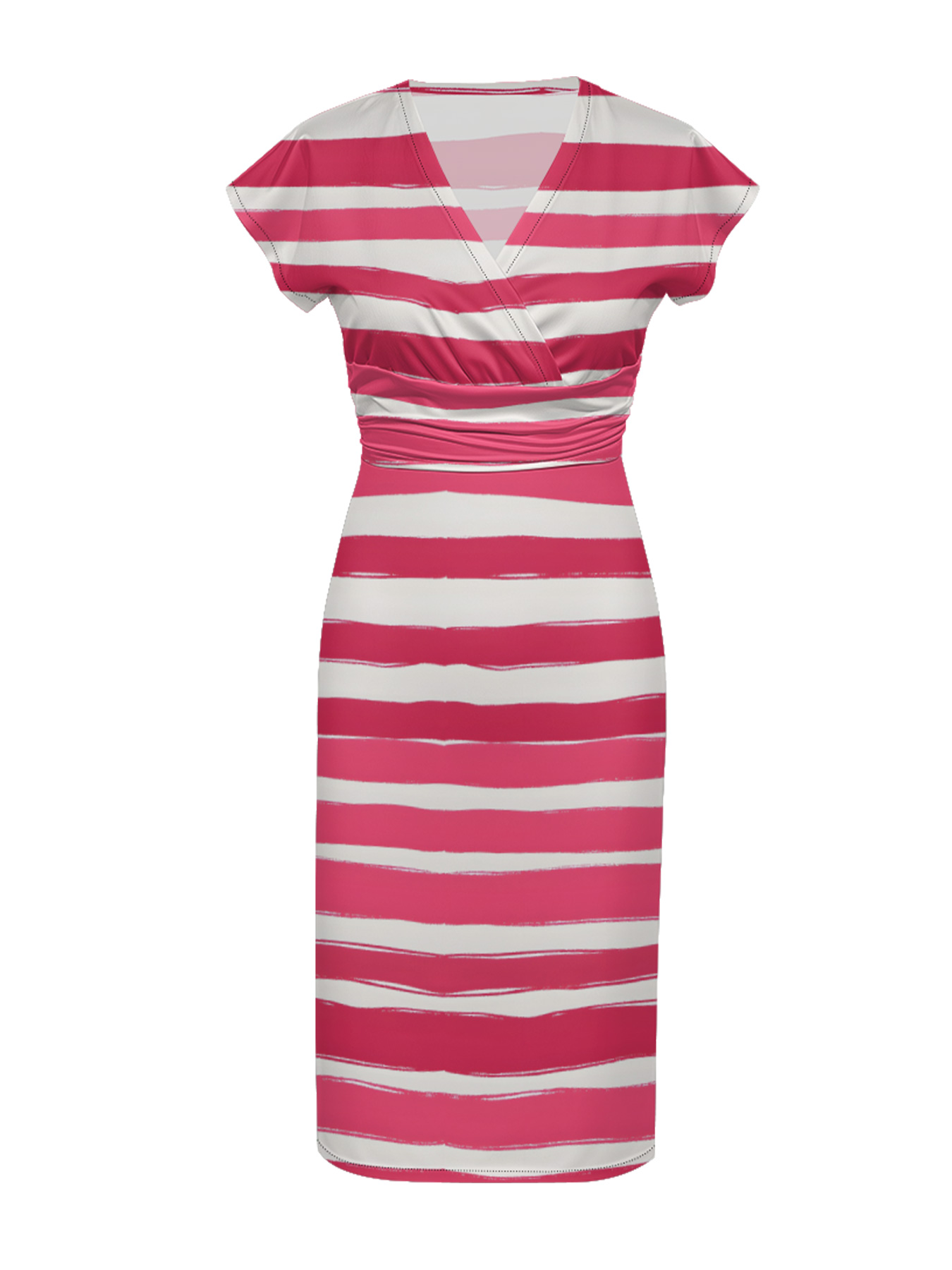 Pink & White Brushstroke Stripe Cap Sleeve V-Neck Midi Dress