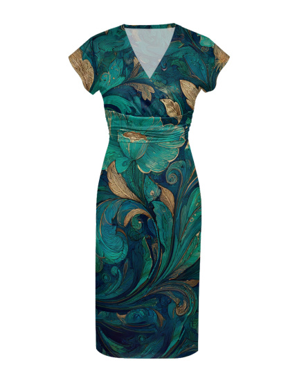 Teal & Gold Botanical Cap Sleeve V-Neck Midi Dress