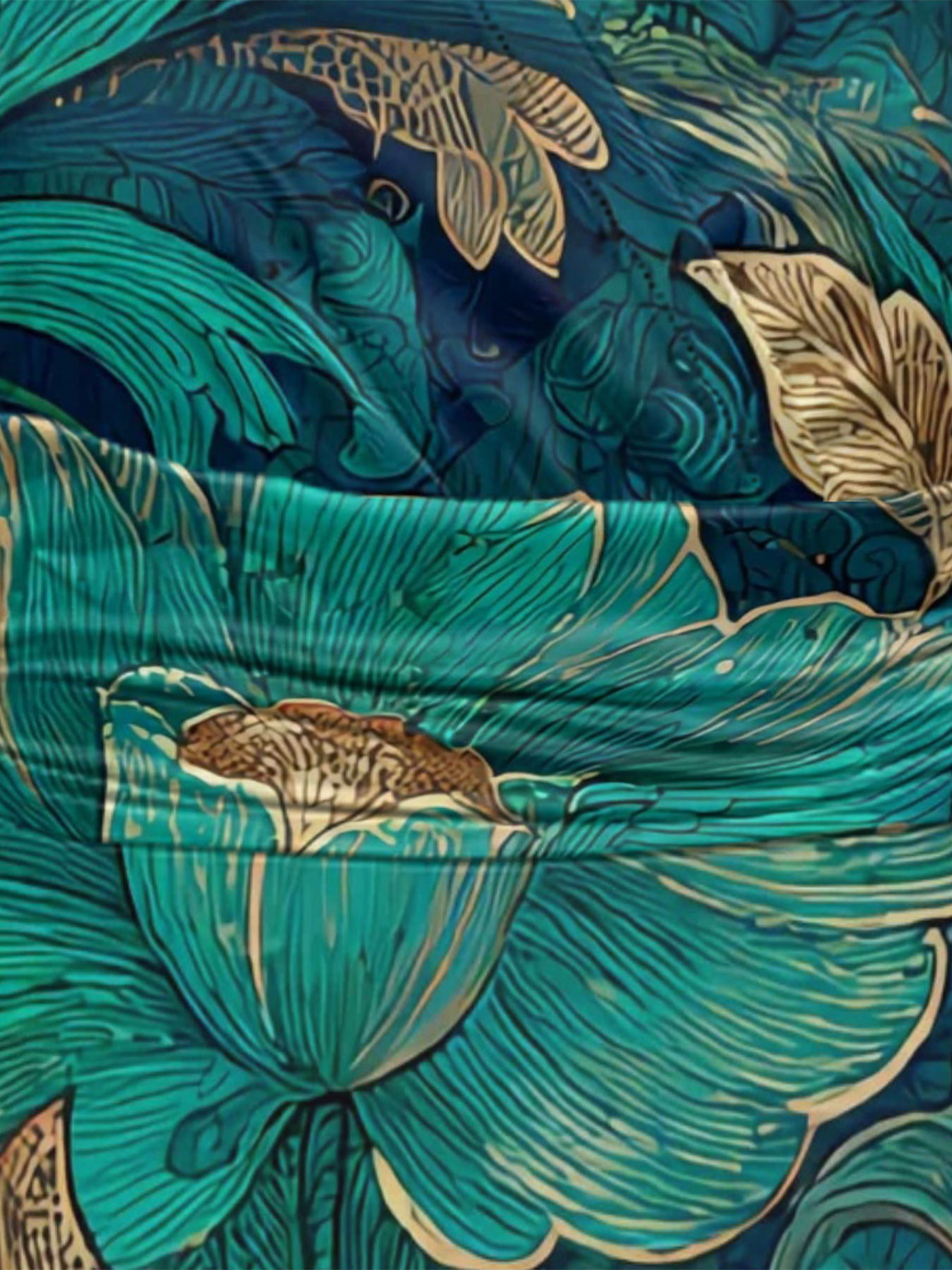 Teal & Gold Botanical Cap Sleeve V-Neck Midi Dress