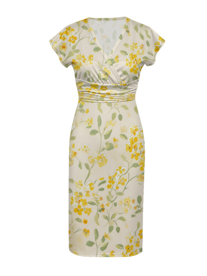 Yellow Floral Watercolor Cap Sleeve V-Neck Midi Dress