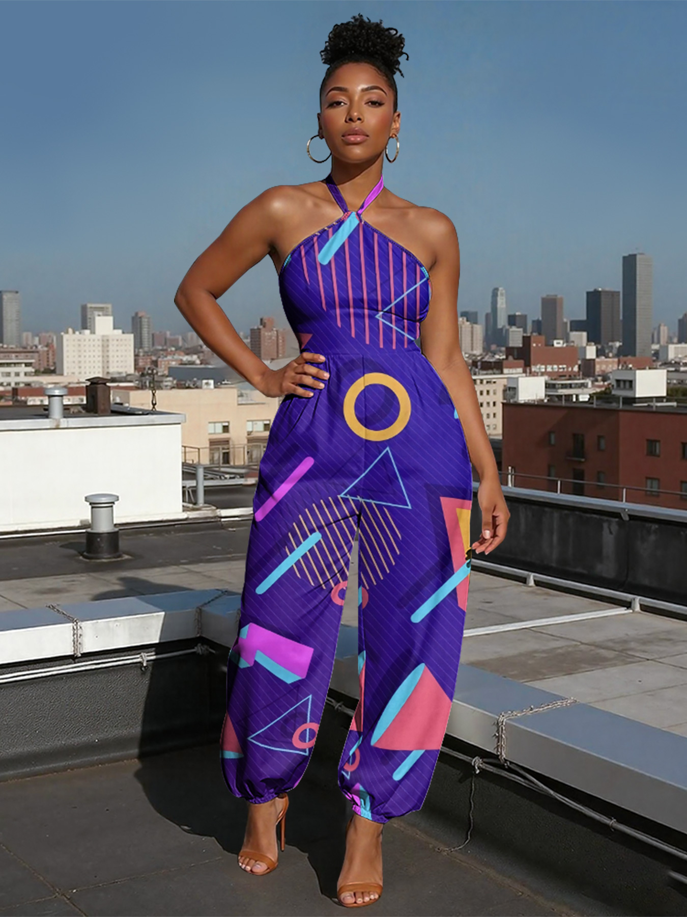 Purple Geometric Sleeveless Halter Jumpsuit